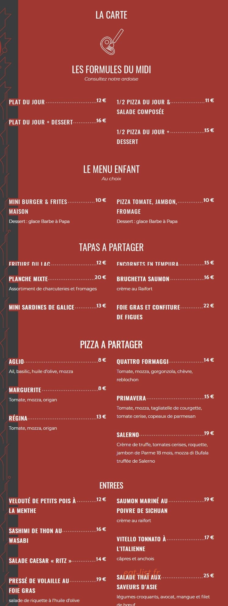 Tribeca Bistro — carte page 1