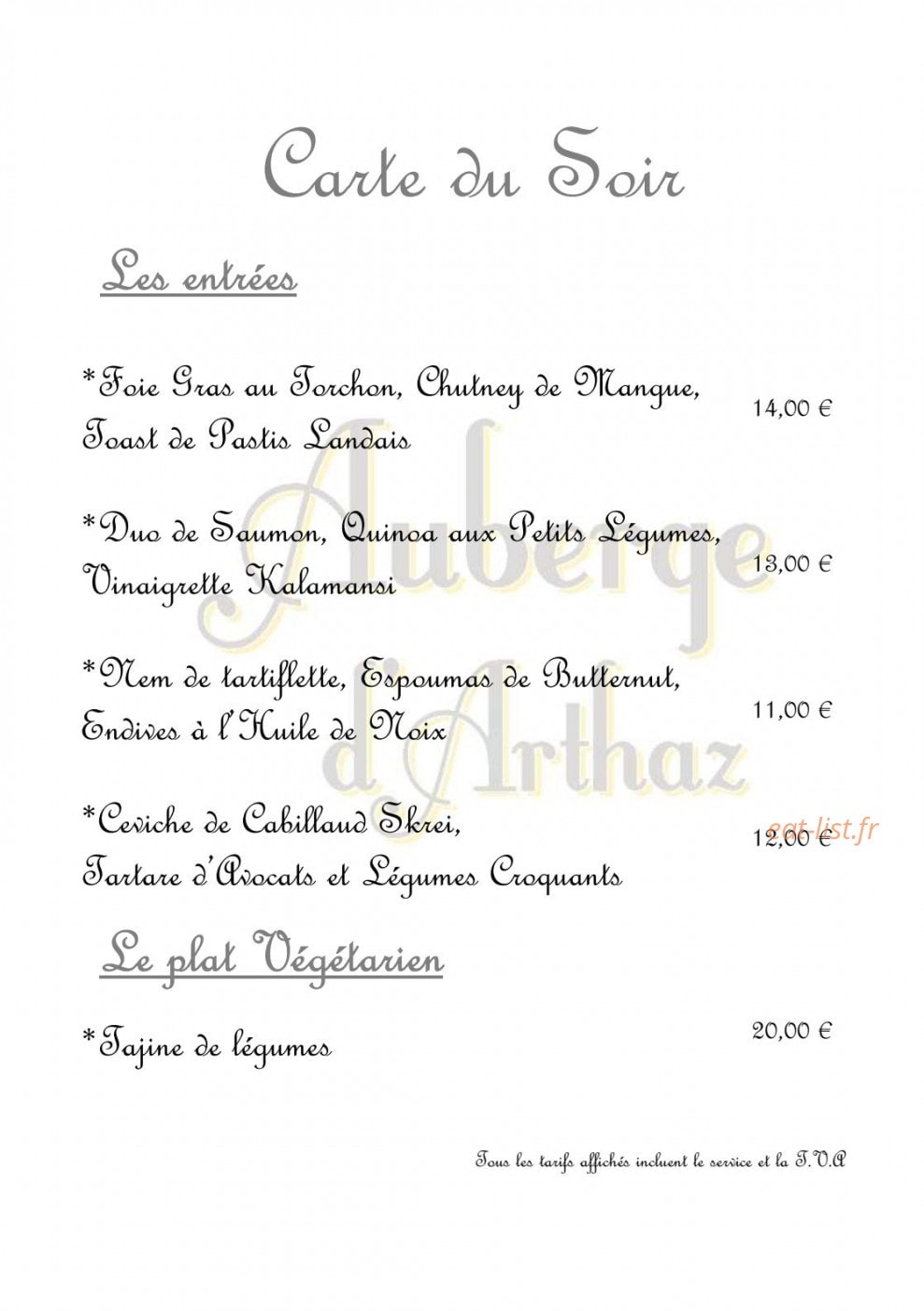 Auberge d'Arthaz — carte page 1