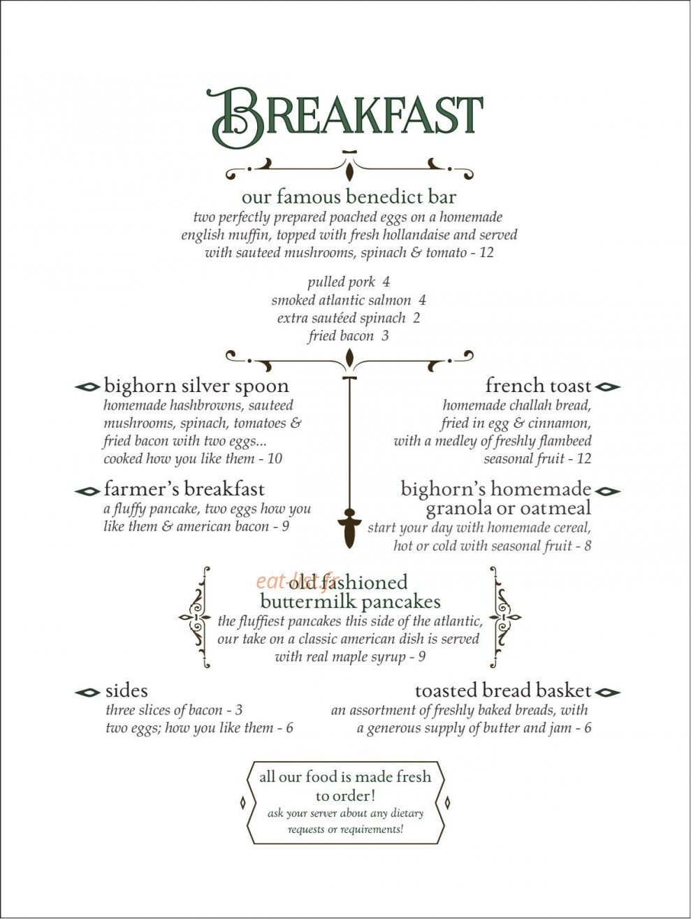Bighorn Bistro & Bakery — carte page 1