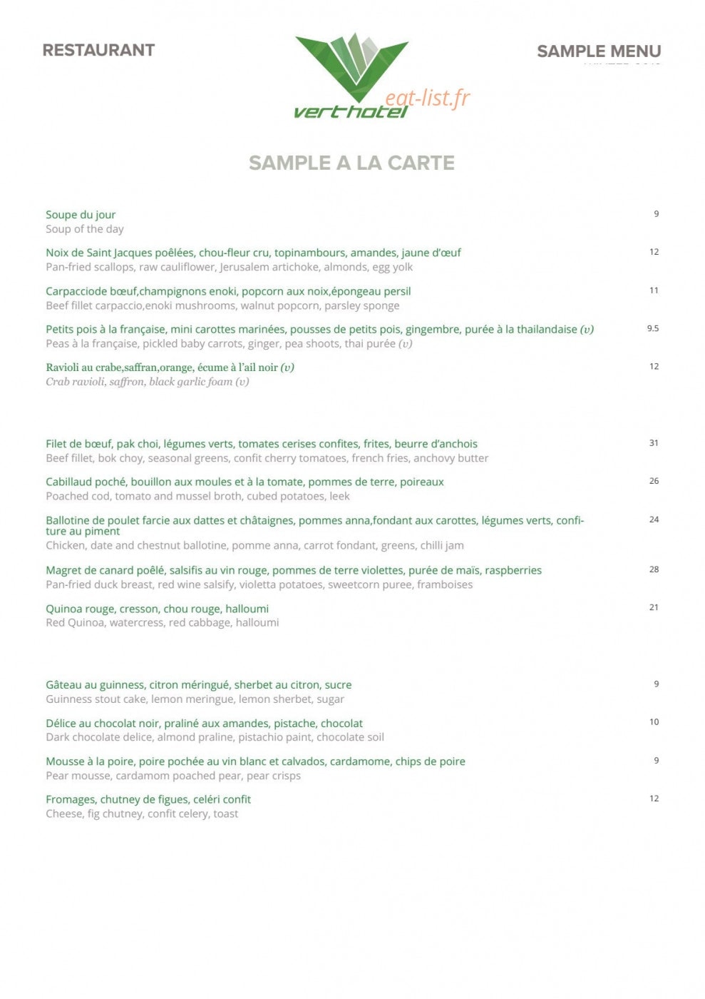 Le Vert Hotel — carte page 1