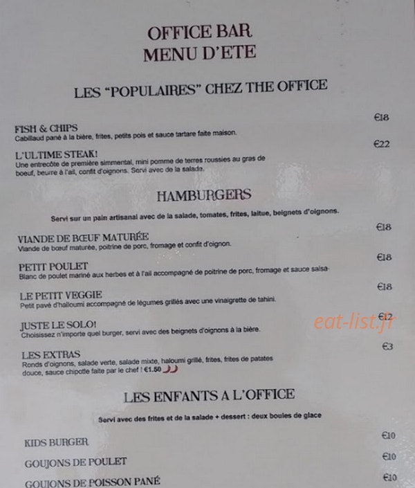 The Office Bar — carte page 1