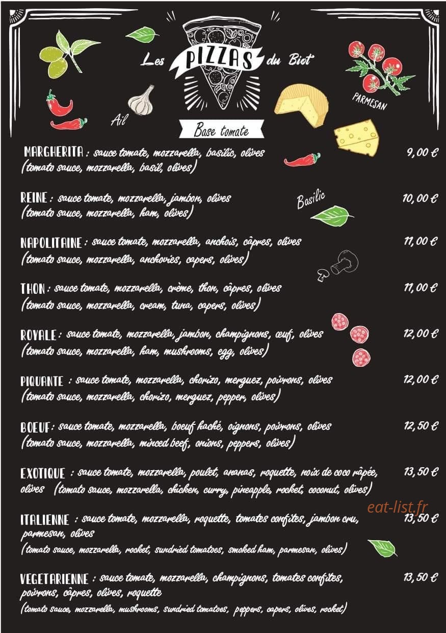 Les Pizzas du Biot — carte page 1