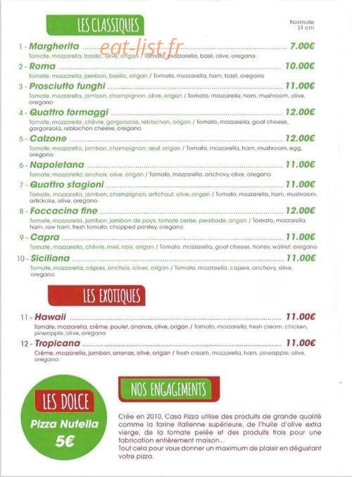 Casa Pizza — carte page 1