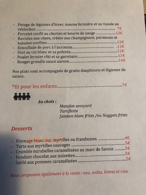 Carte et menu de Auberge du Pré Vieux à Le Grand Bornand — Les menu enfant, desserts, ...