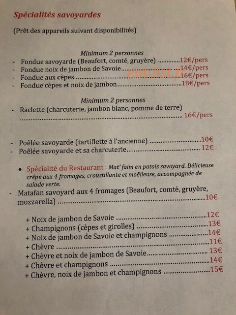 Carte et menu de Auberge du Pré Vieux à Le Grand Bornand — Les spécialités