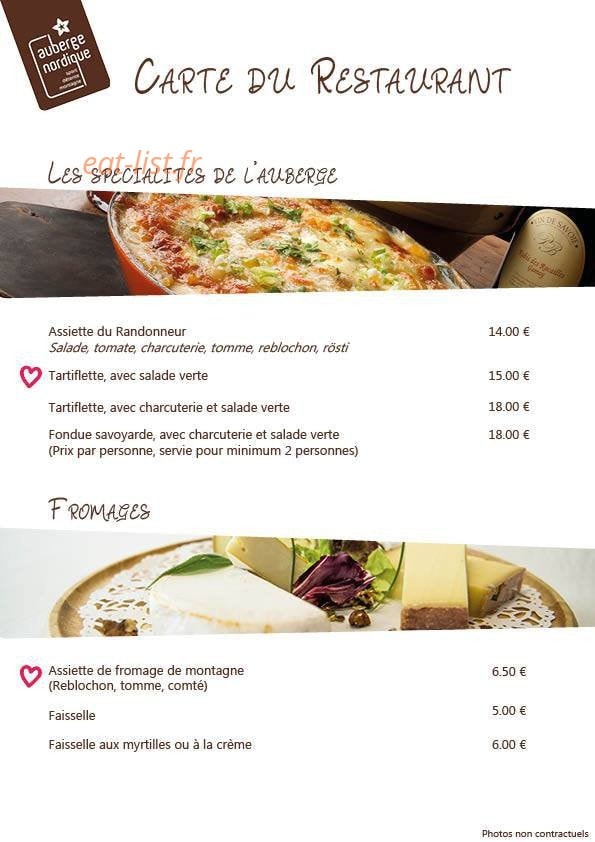 Carte et menu de Auberge Nordique à Le Grand Bornand — Spécialités et fromages