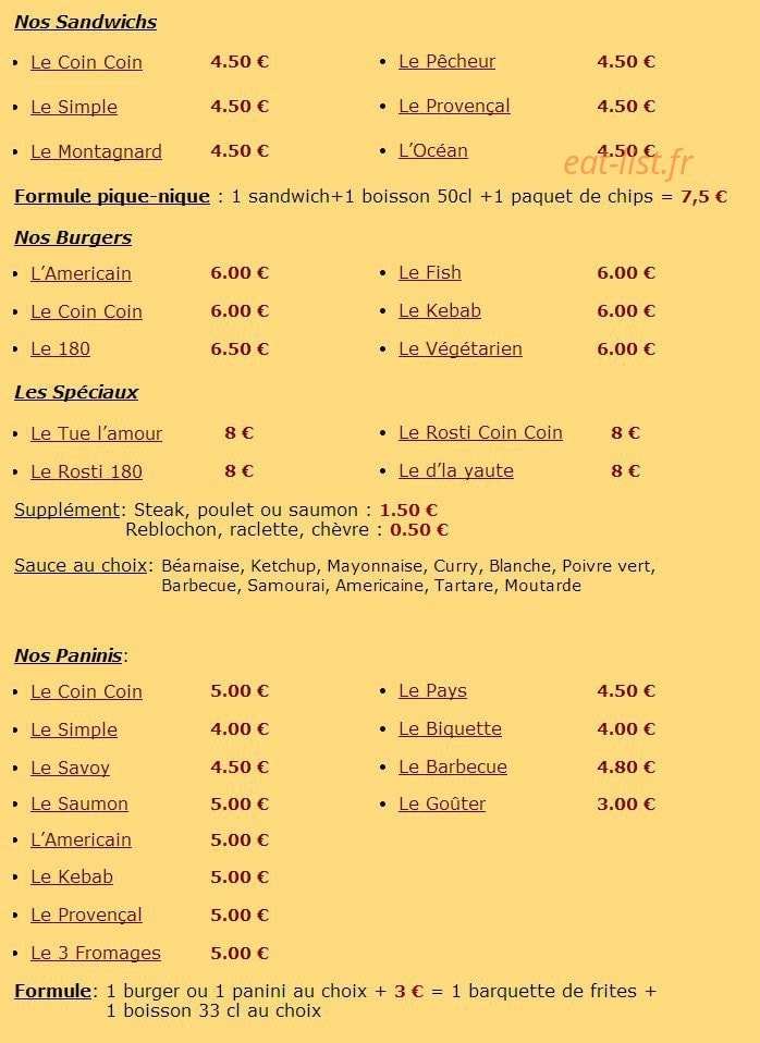Carte et menu de Le Coin Gourmand à Le Grand Bornand — Les sandwiches, burgers,....
