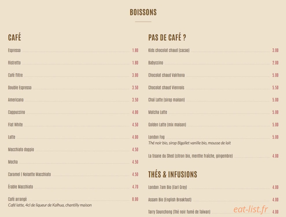 Shed Café — carte page 2