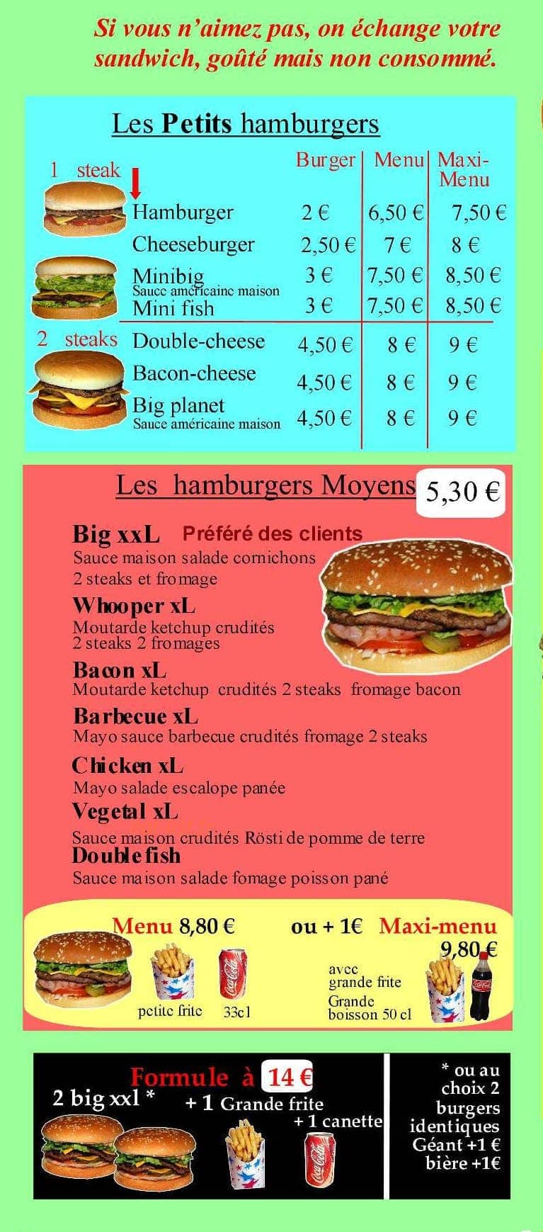 Planet Burger — carte page 1