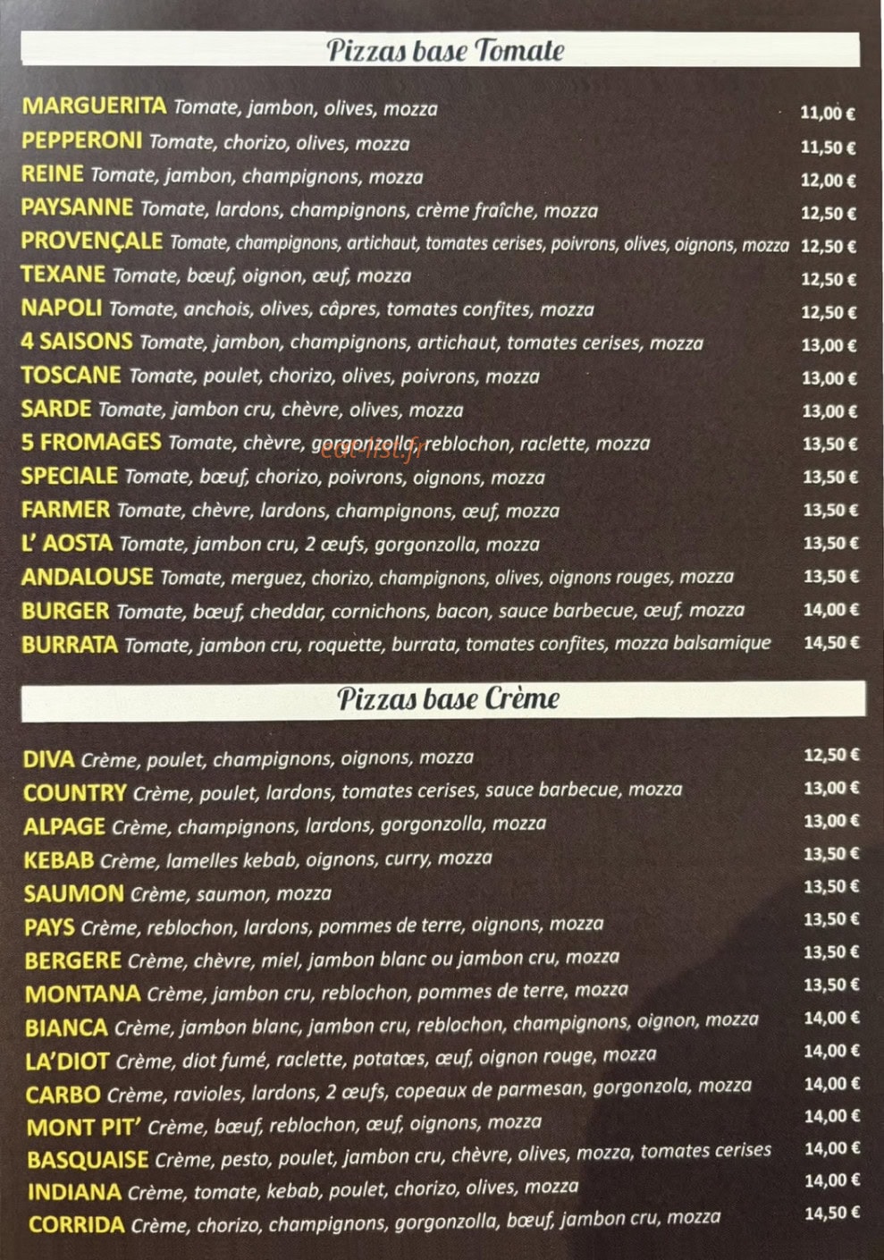 Pizza Spécialp' — carte page 1