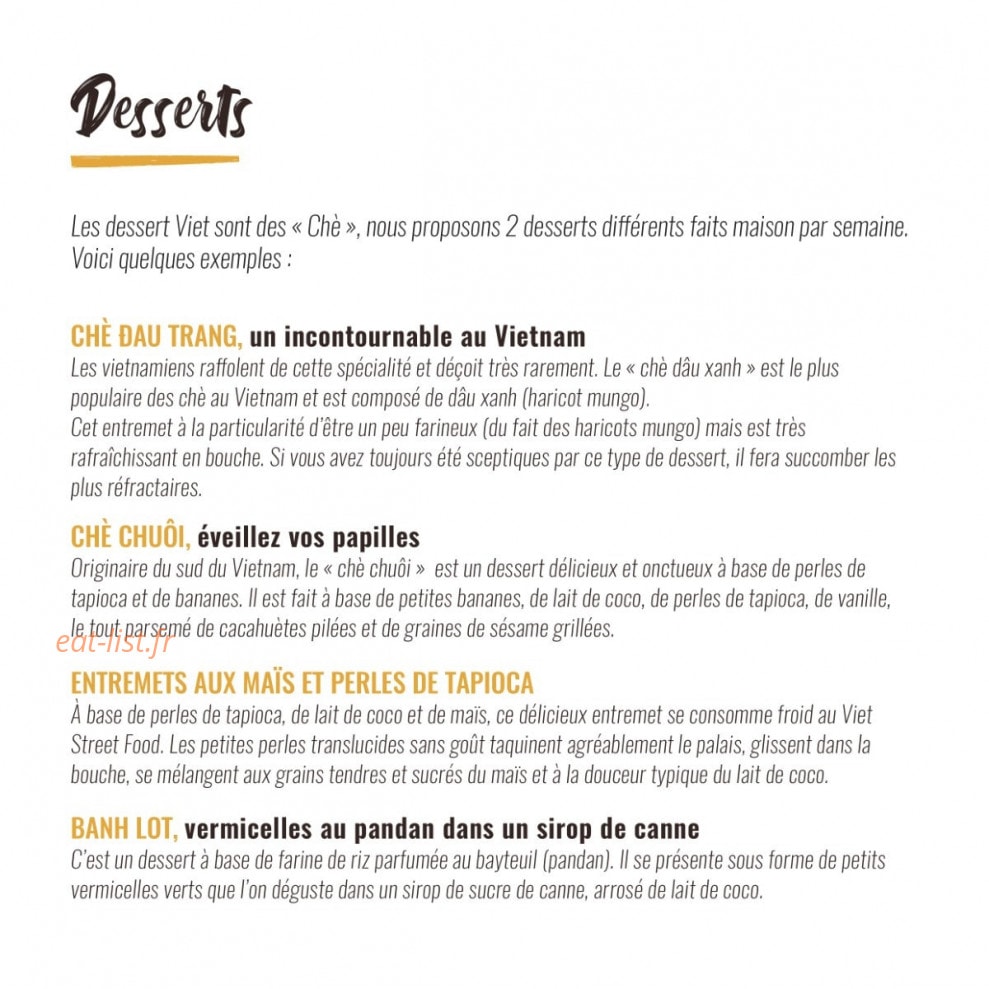 Carte et menu de Viet Street Food à Balmont — Les desserts