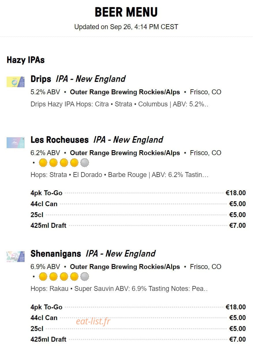 Outer Range Brewing Co — carte page 1