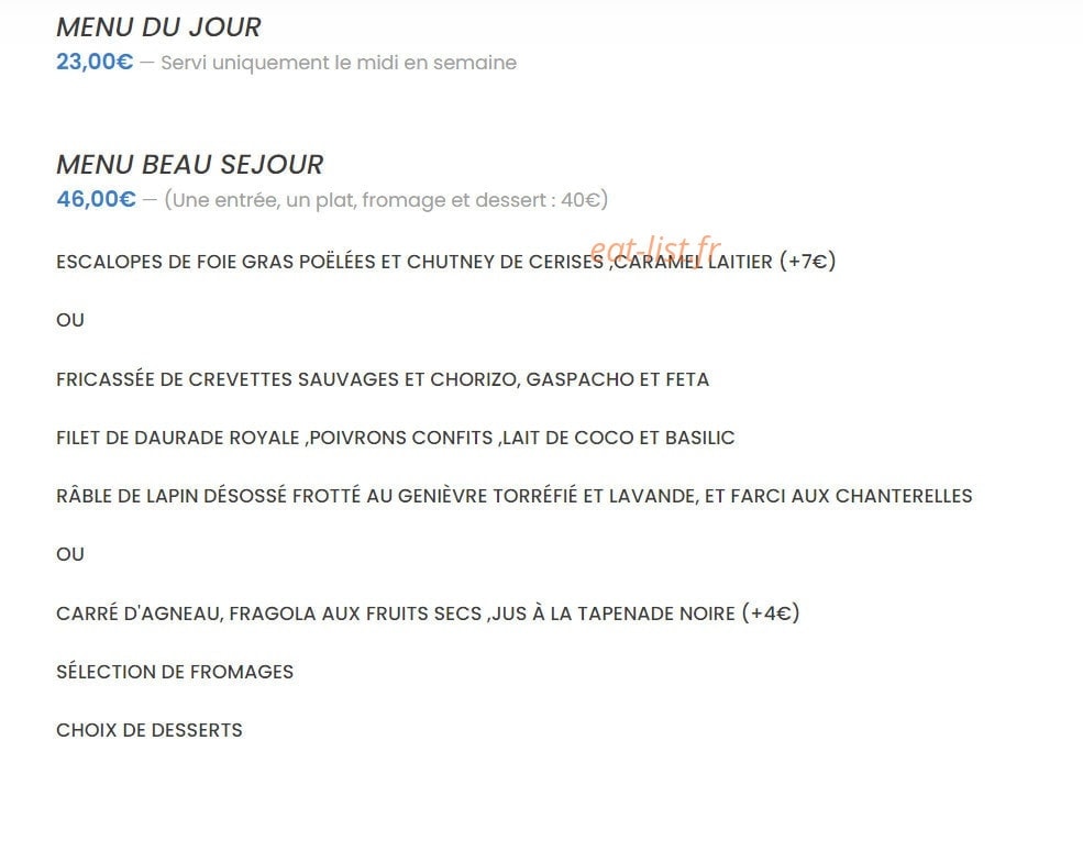 Restaurant Beau Séjour — carte page 1