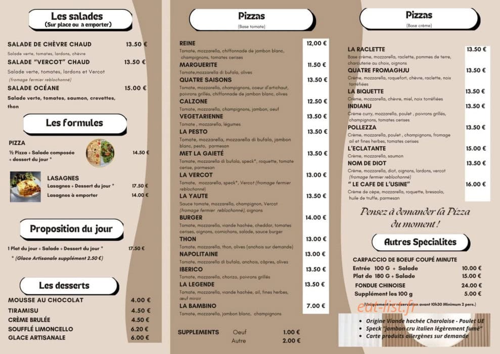 Carte et menu Café de l’usine Saint Pierre en Faucigny
