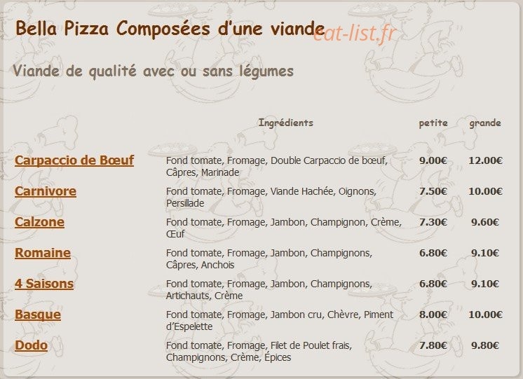 Bella Pizza — carte page 2