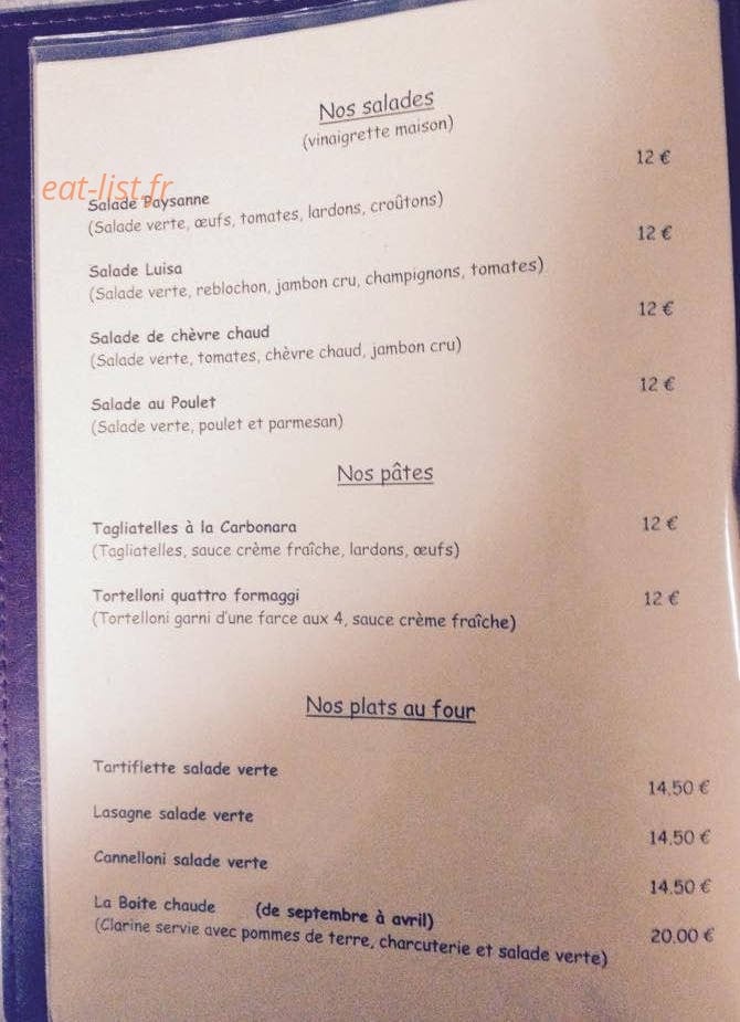Carte et menu de Le Chablaisien "Chez Tonio" à Bons en Chablais — Les salades, pâtes et les plats