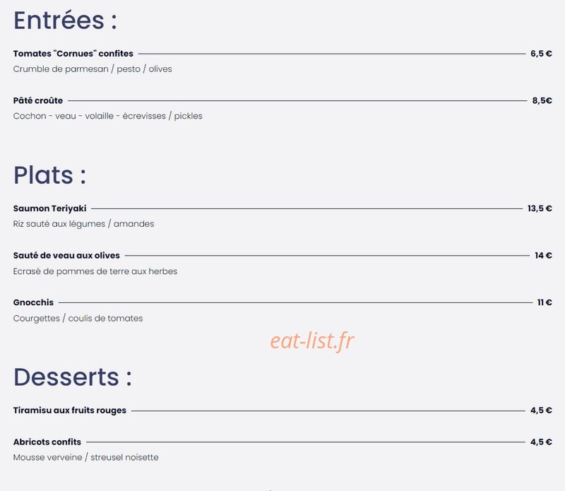 Origine Comptoir Culinaire — carte page 1