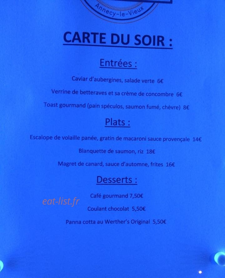 Carte et menu de Brasserie Le Parc à Annecy le Vieux — Un exemple de carte du soir