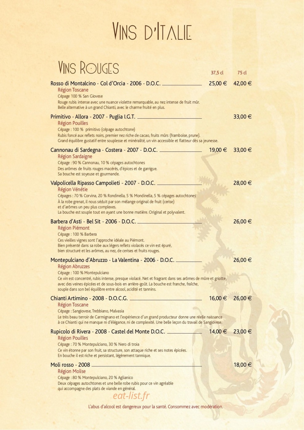 Carte et menu de Casa Nostra à Annecy le Vieux — les vins d'italie