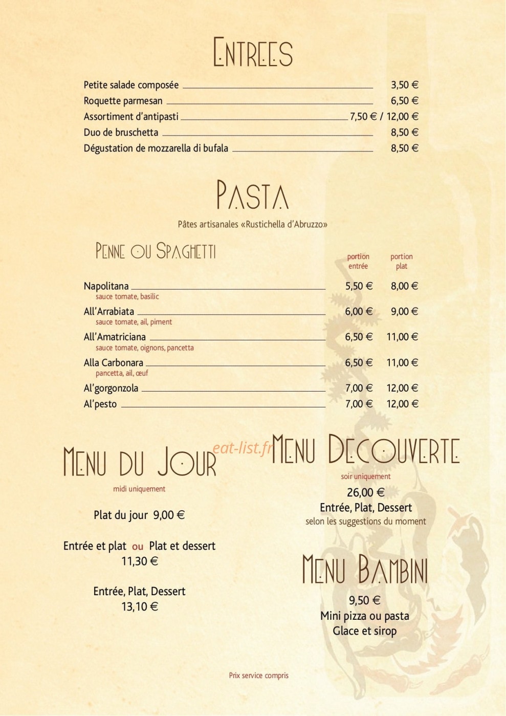 Carte et menu de Casa Nostra à Annecy le Vieux — les entrées, pates et menus