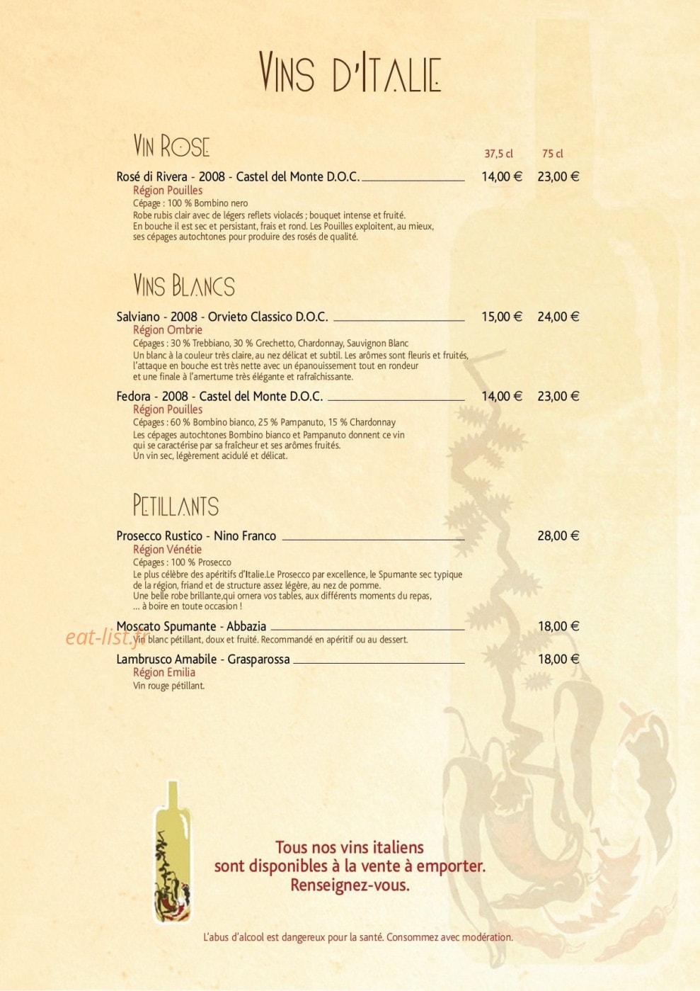 Carte et menu de Casa Nostra à Annecy le Vieux — les vins d'italie suite