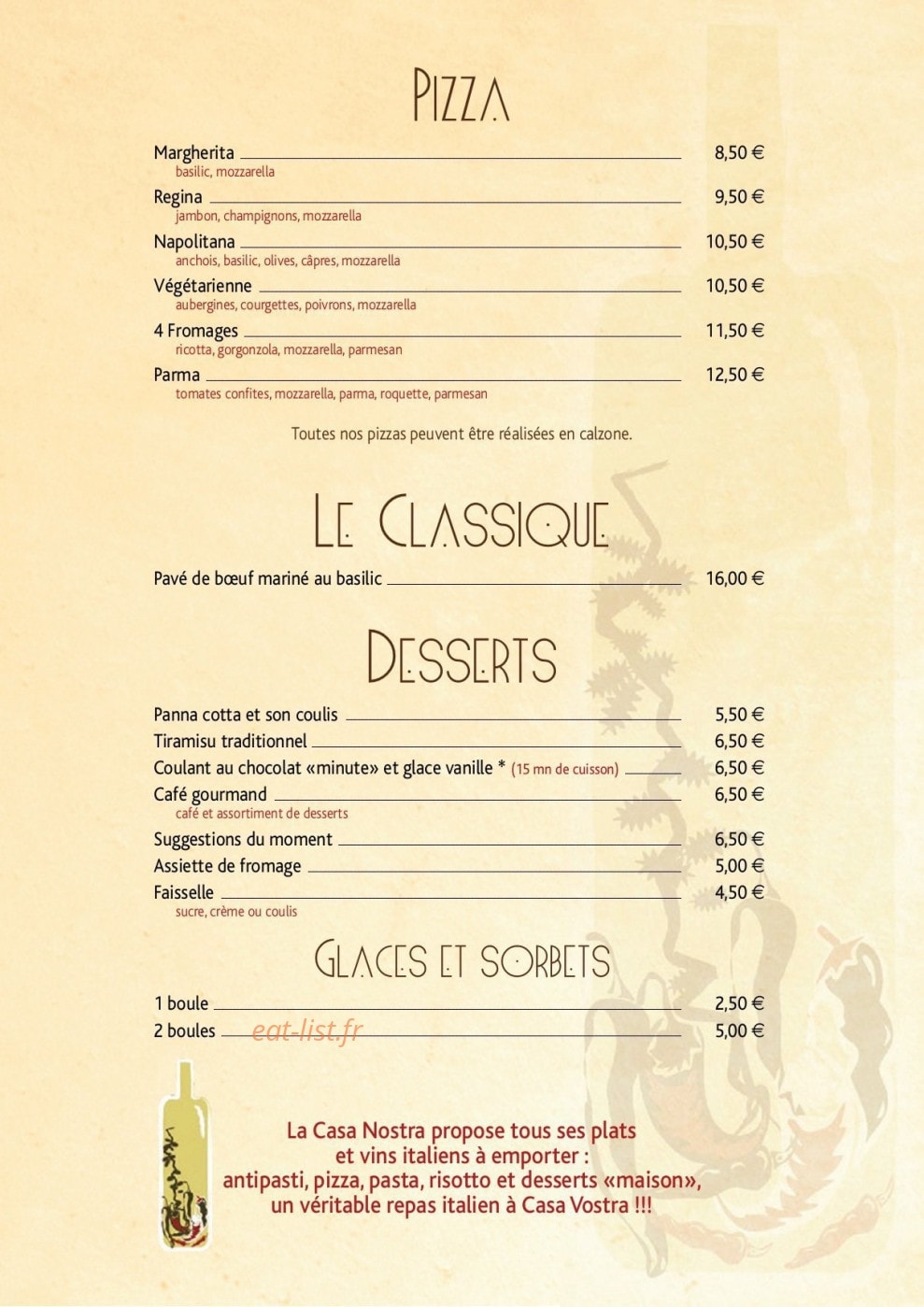 Carte et menu de Casa Nostra à Annecy le Vieux — les pizzas