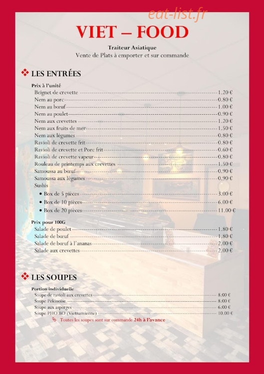 Carte et menu de Viet Food à Scionzier — Les entrées et soupes