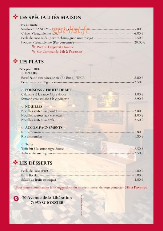 Carte et menu de Viet Food à Scionzier — Les spécialités, plats et desserts