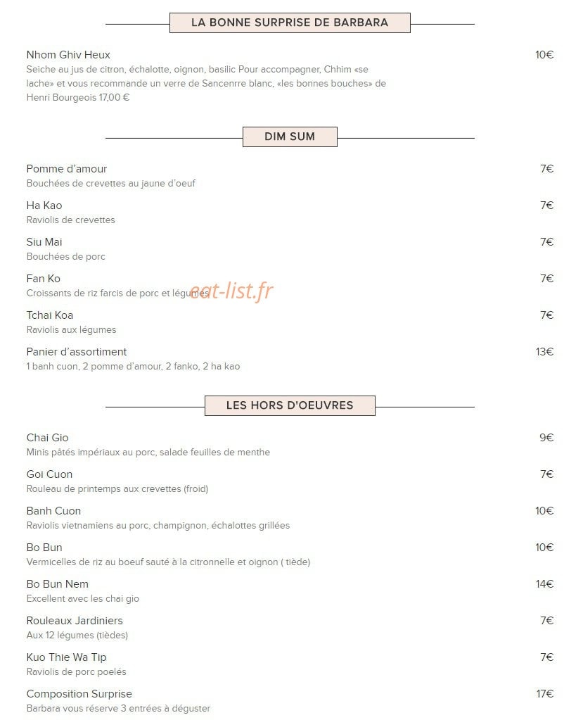 Carte et menu de Au Coin des Gourmets - Indochine à Paris 1 — Les dim sum,les hors d’œuvres ...