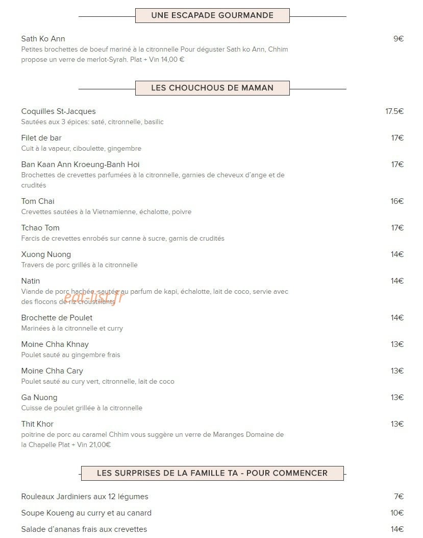 Carte et menu de Au Coin des Gourmets - Indochine à Paris 1 — Les specialites