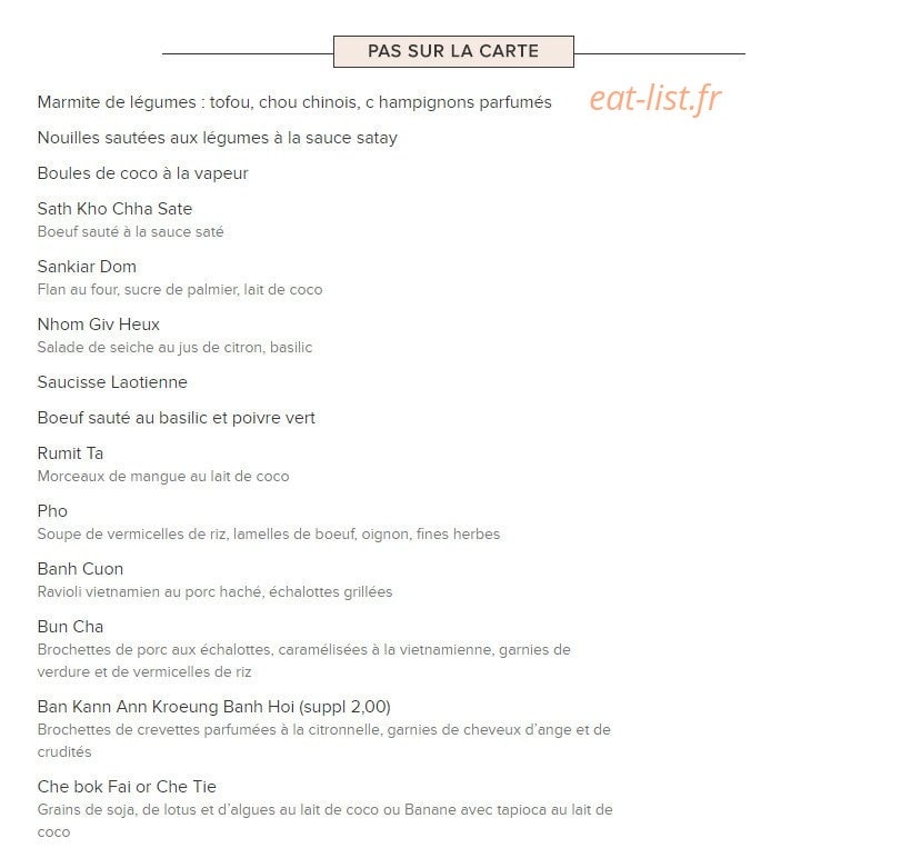 Carte et menu de Au Coin des Gourmets - Indochine à Paris 1 — Les autres specialites