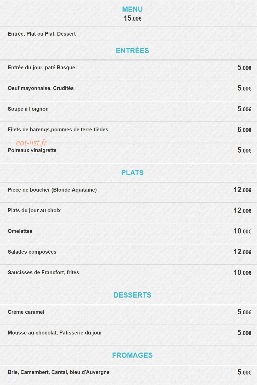 Brasserie De La Bourse — carte page 1
