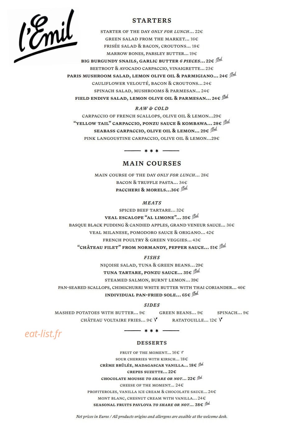 Brasserie l'Émil — carte page 1