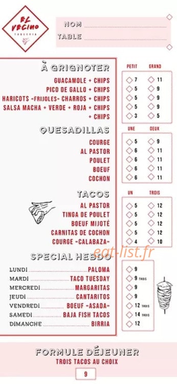 El Vecino Taqueria — carte page 1