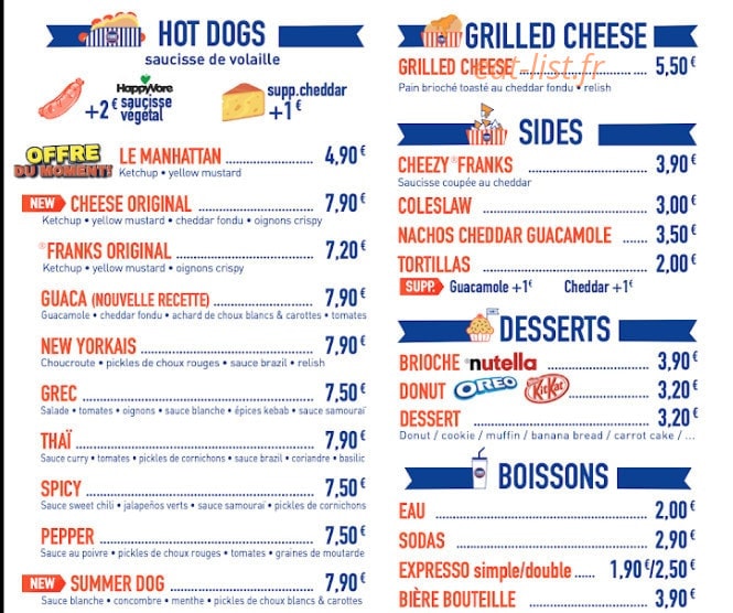 Franks Hot Dog — carte page 2