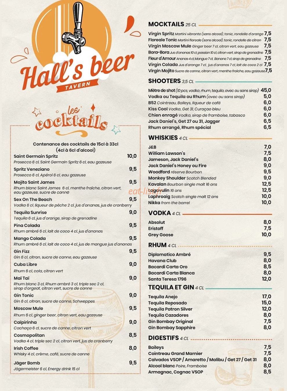 Hall's Beer Tavern — carte page 1