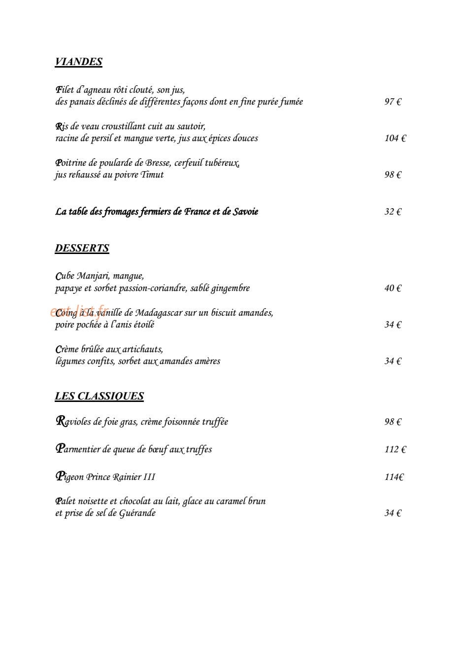 Le Grand Véfour — carte page 2