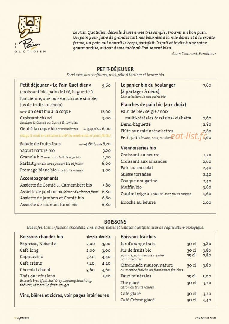 Le Pain Quotidien — carte page 1