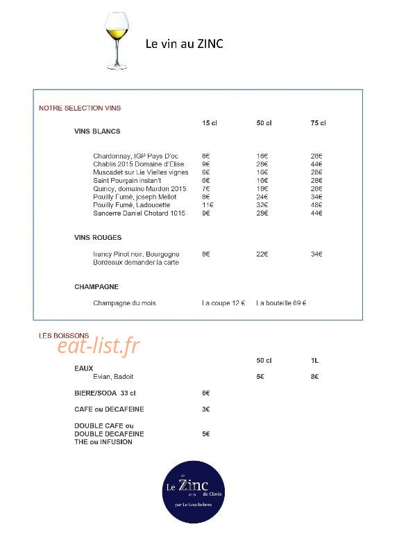 Carte et menu de Le Zinc de Clovis à Paris 1 — Le vin au Zinc