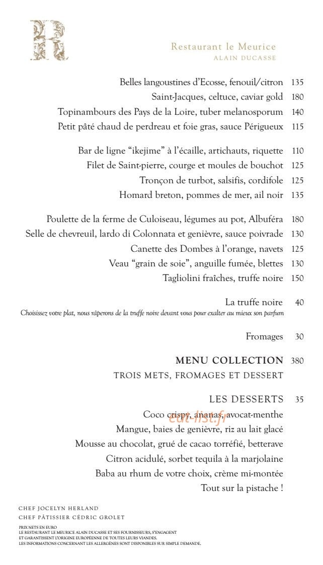 Restaurant le Meurice Alain Ducasse à Paris 1 - menu et photos