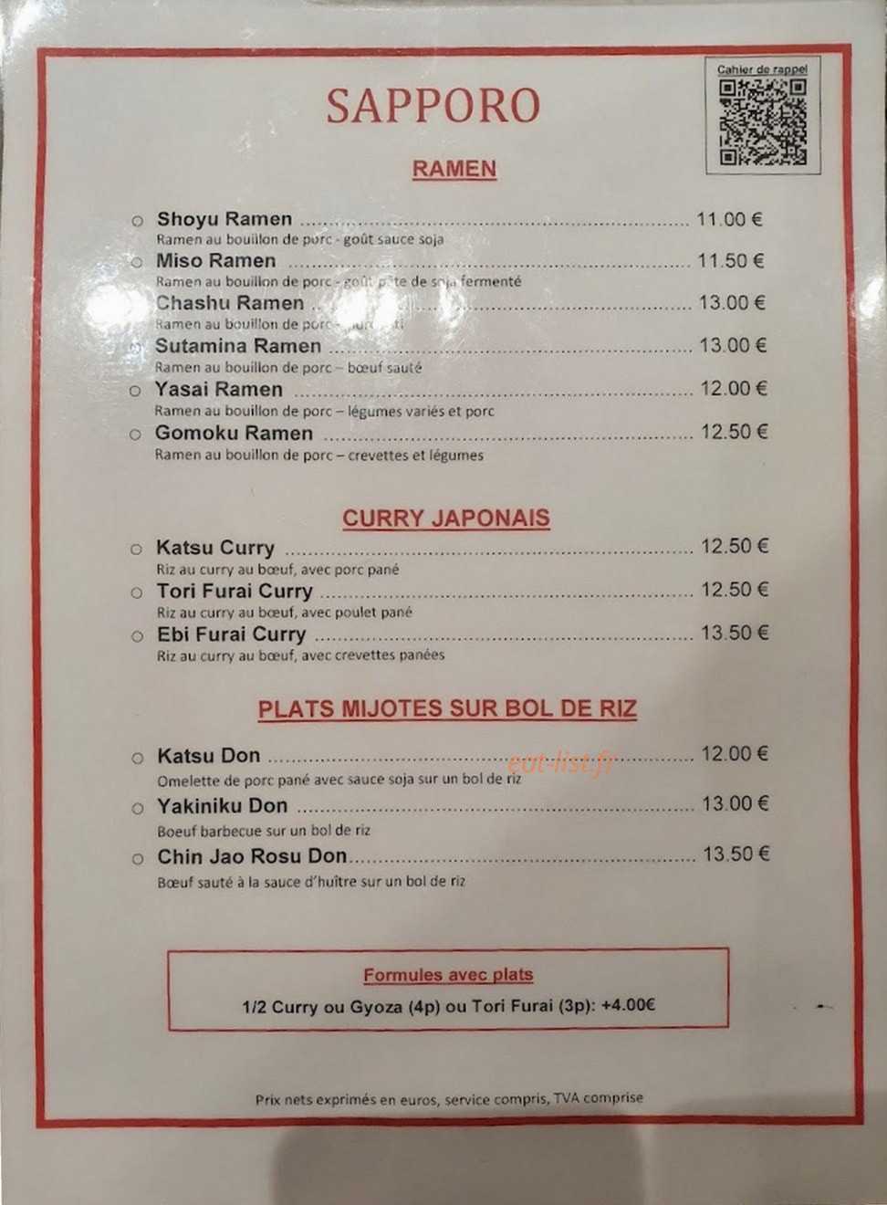Sapporo Ramen — carte page 1