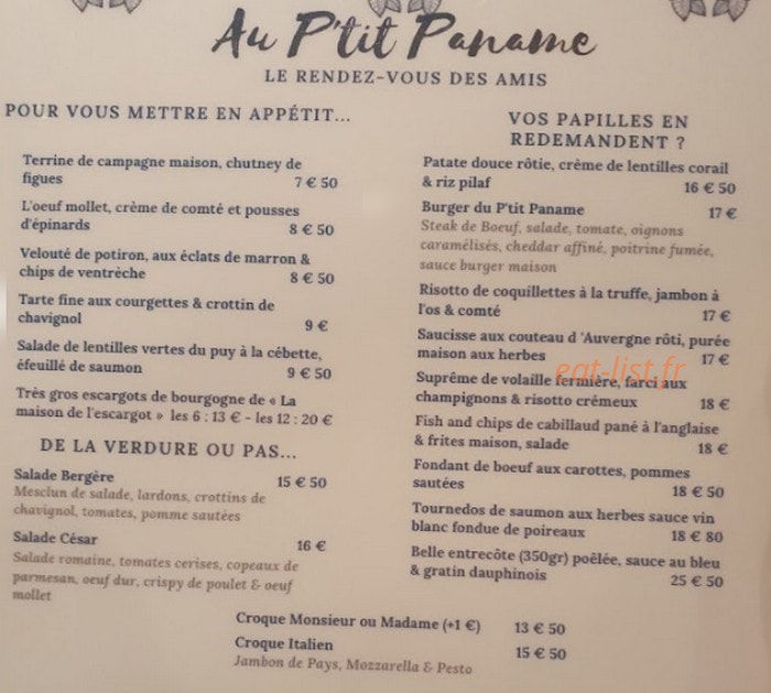 Au p'tit Paname — carte page 1
