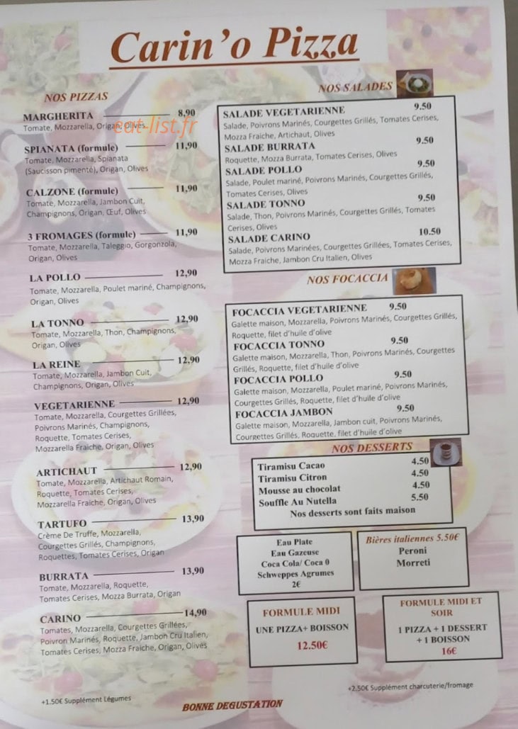 Carin'o pizza — carte page 1