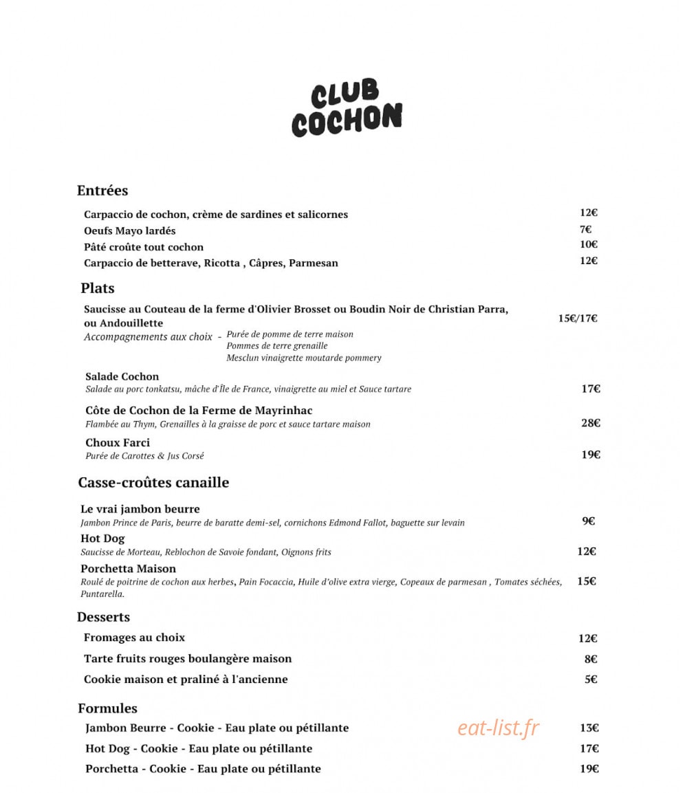 Club Cochon — carte page 1