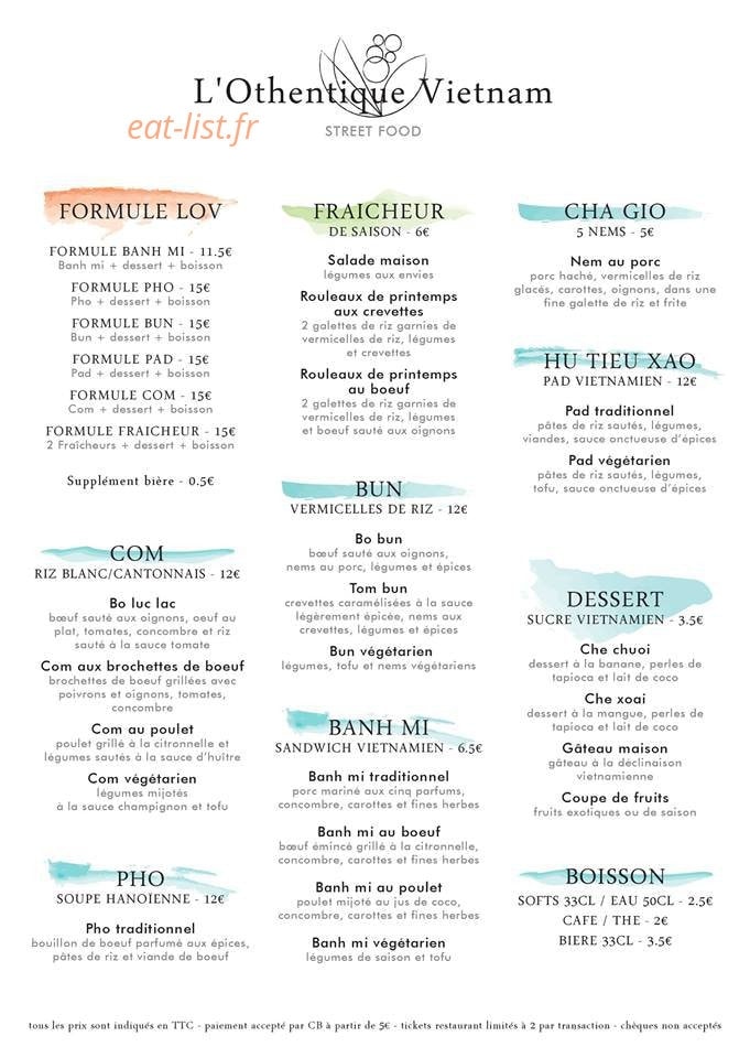 Carte et menu de L'Othentique Vietnam à Paris 2 — Formule lov, fraîcheur, cha gio,...