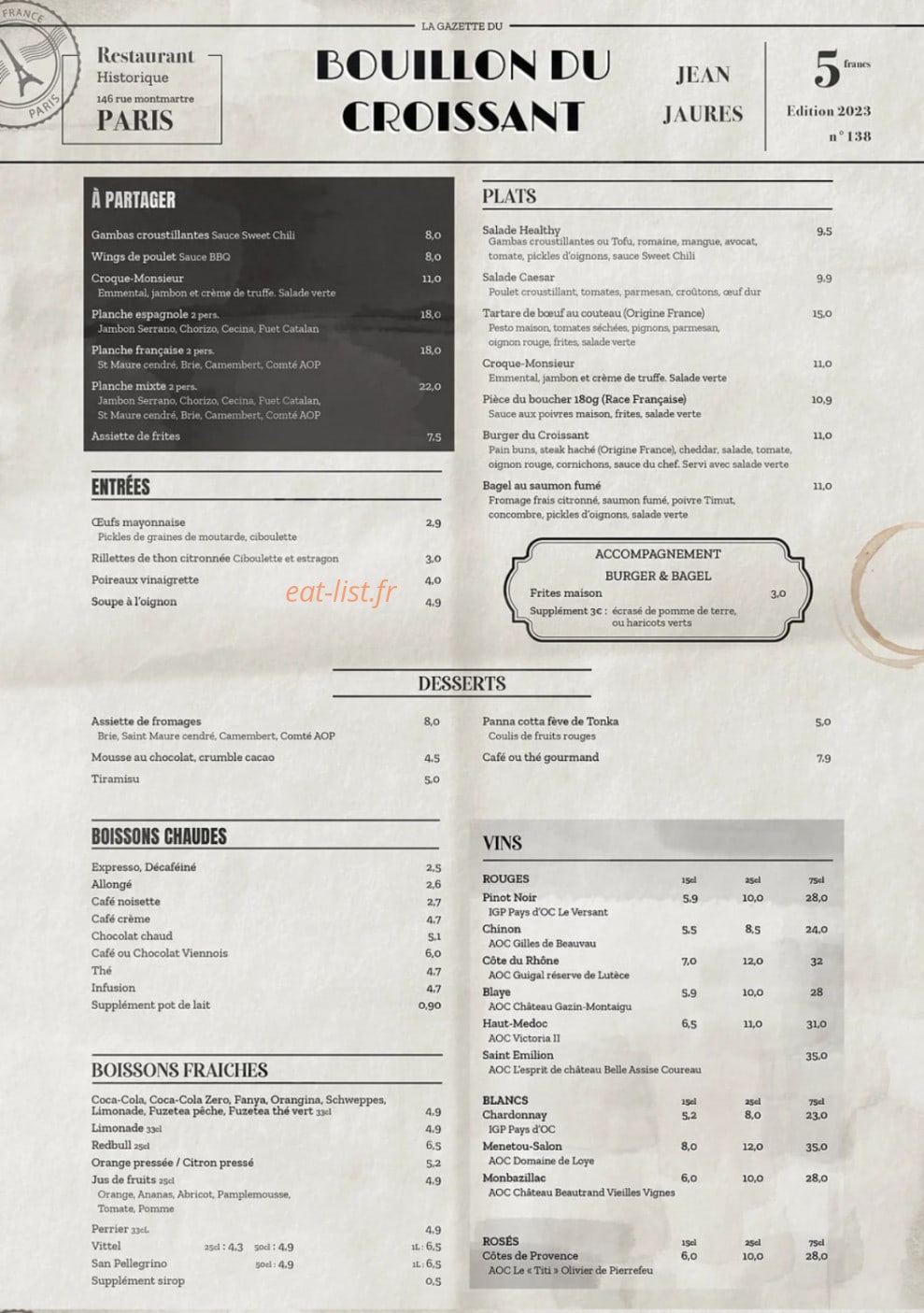 Le Bistrot du Croissant — carte page 1