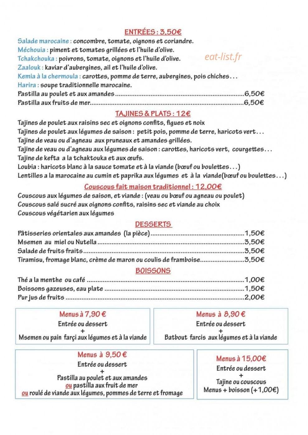 Le Traiteur de la Bourse — carte page 1