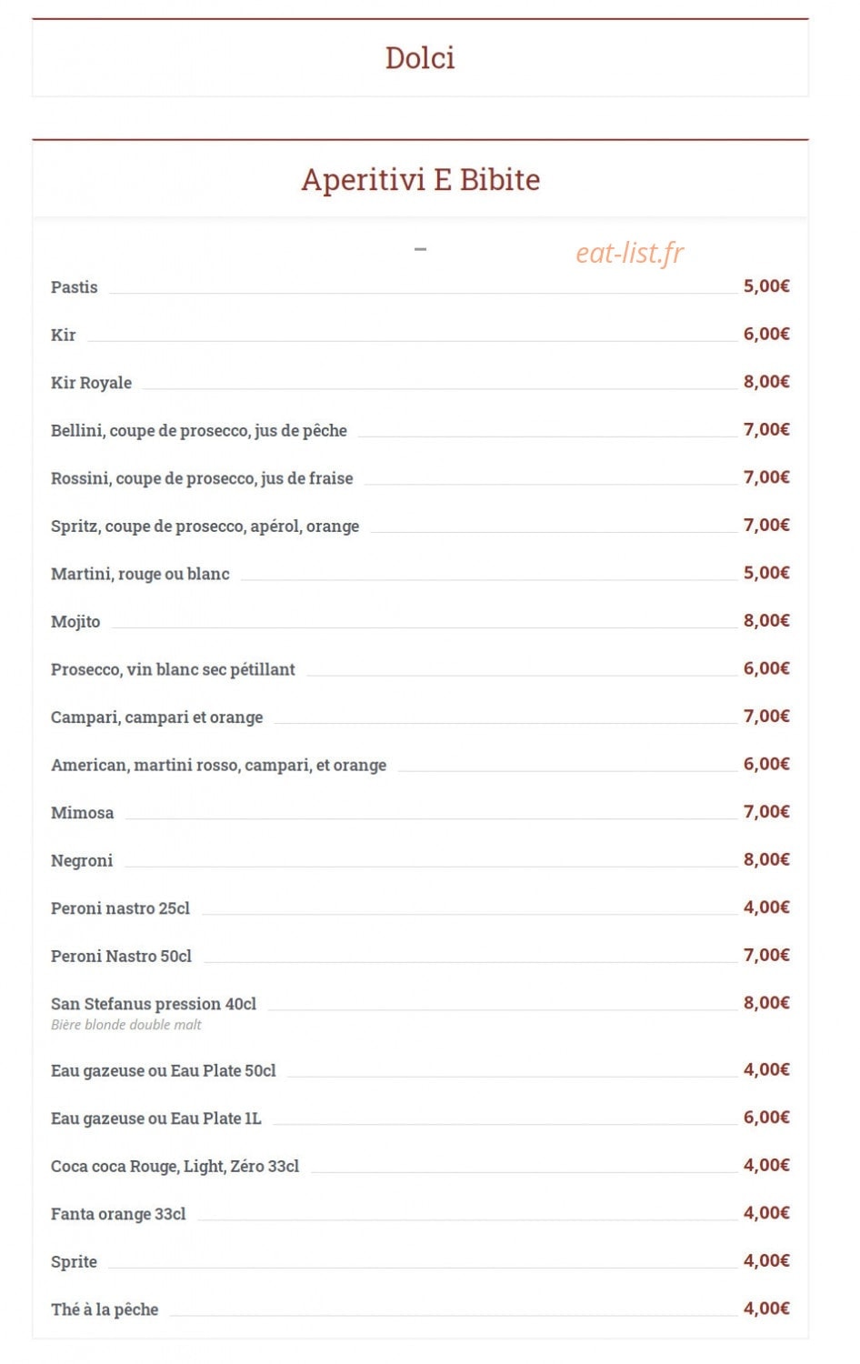 Carte et menu de O'scià Pizzeria Napoletana à Paris 2 — Aperitivi E Bibite