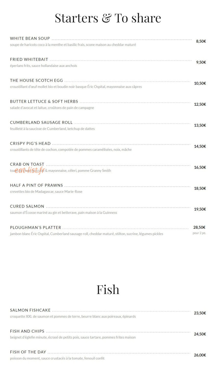 Public House Paris — carte page 1