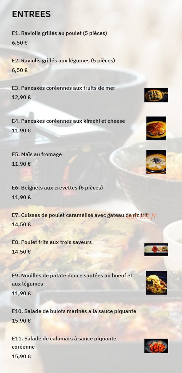 PW restaurant coréen — carte page 1